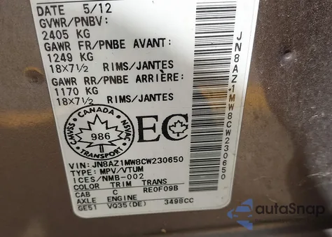 2012 Nissan Murano Sl from USA, damaged, VIN JN8AZ1MW8CW230650